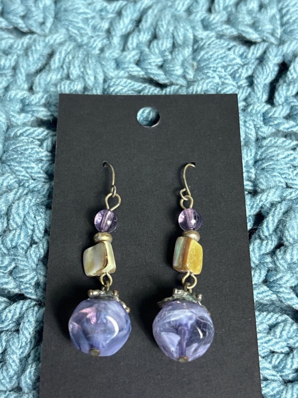 Boho Beaded Dangle Earrings Purple Plastic Yellow Shell 1.75 inches